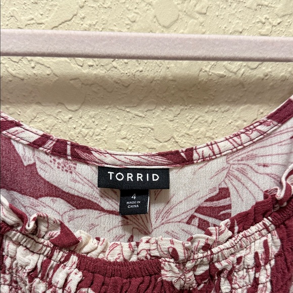 TORRID - Neon Tropics Maroon Babydoll Washable Gauze Smocked Tiered Top - Picture 4 of 7